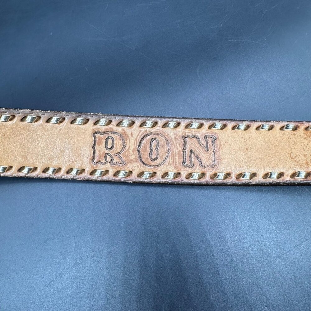 Vintage Leather Belt Eagle Leaf Western Personalized Ron Size 44 Handmade Retro - Picture 5 of 9